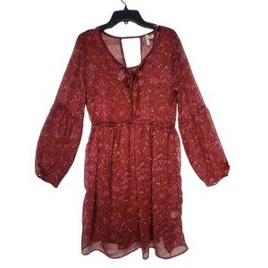 ❤️❤️❤️ Women Dress M Floral Chiffon Burgundy Mini Fit & Flare V-Neck Long Sleeve